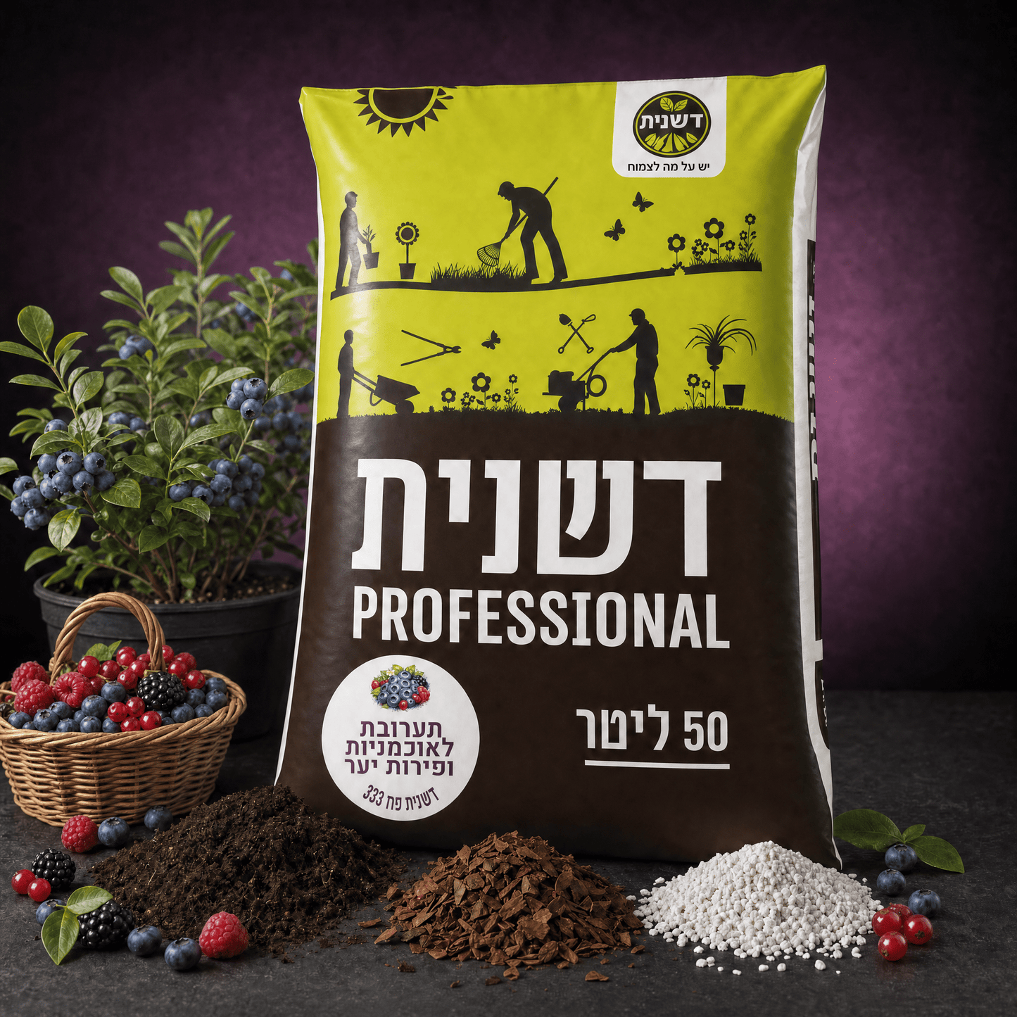 שק תערובת דשנית לאוכמניות ופירות יער עם אוכמניות, פטל ופירות יער