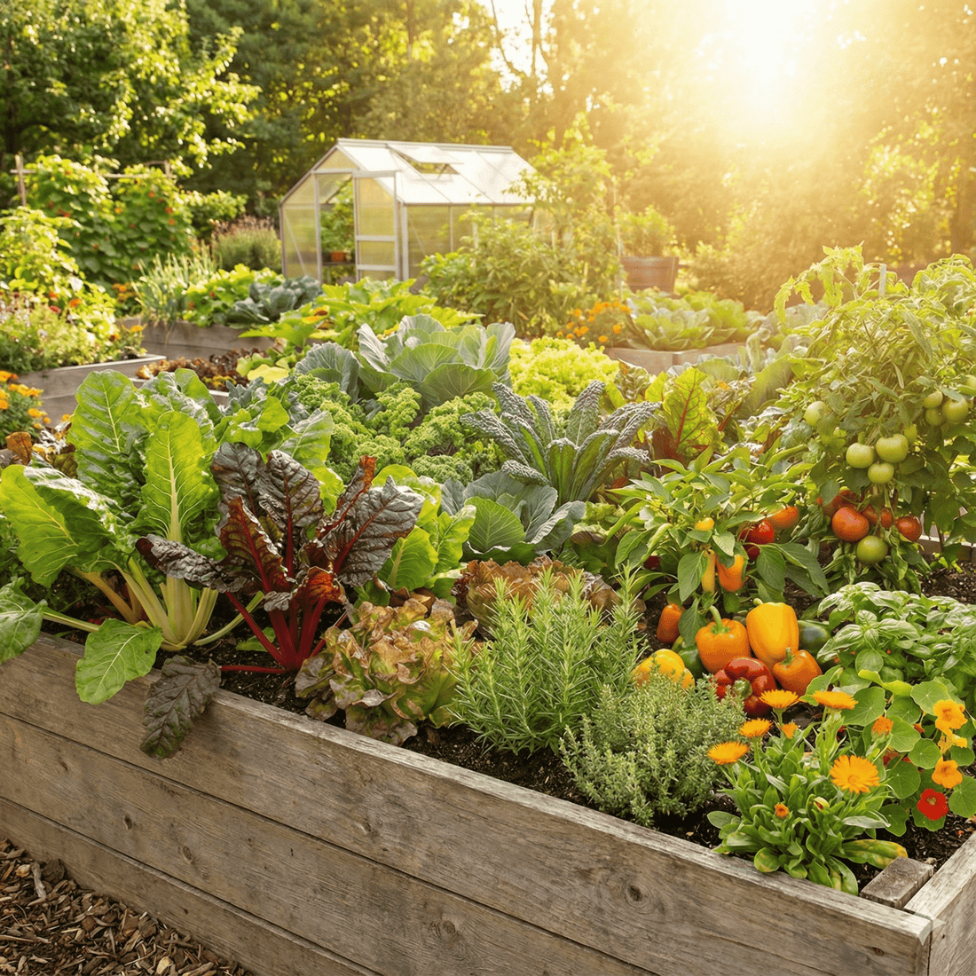 גינת ירק עם מלא צמחים וירקות וחסות