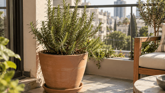רוזמרין בעציץ עמוק במרפסת שמשית