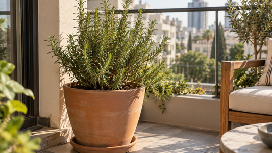 רוזמרין בעציץ עמוק במרפסת שמשית
