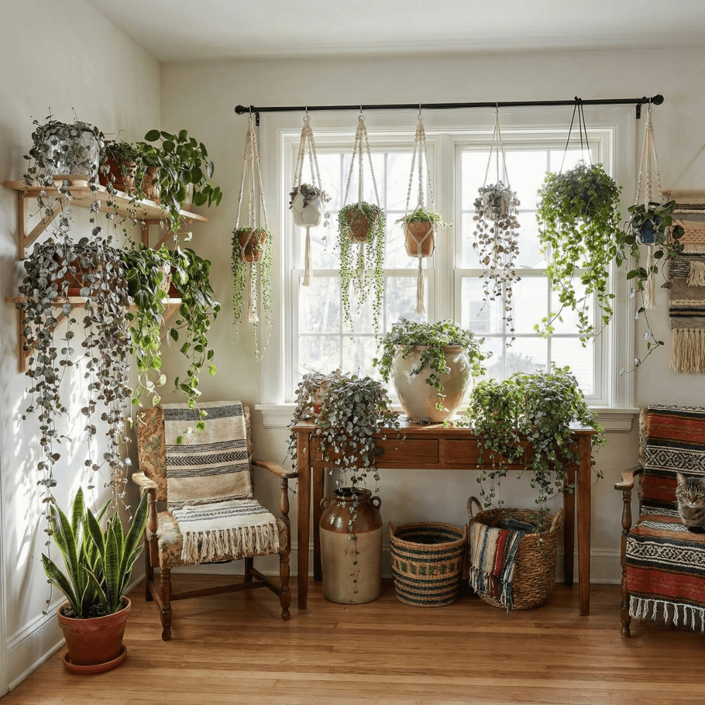 צמחים נתלים ונשפכים בסלון 