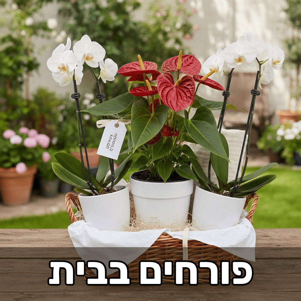 סחלבים לבנים ואנתוריום אדום בעציצים לבנים בתוך סל נצרים בגינה, עם הכיתוב פורחים בבית