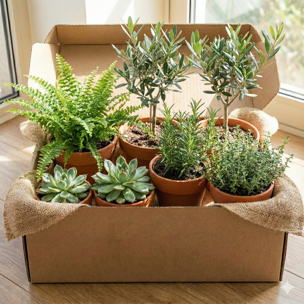 צמחים בקרטון עם בד יוטה בצדדים