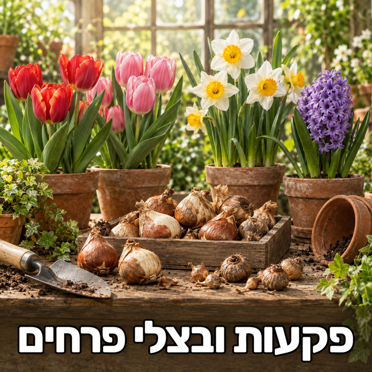 בצלים ופקעות על שולחן עץ לצד צבעונים, נרקיסים ויקינטון פורחים, עם הכותרת פקעות ובצלי פרחים