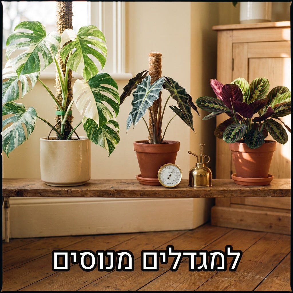 מונסטרה וריאגטה, אלוקסיה ומרנטה על מדף עץ עם מוט טחב, מד לחות ומרסס פליז, עם הכיתוב למגדלים מנוסים