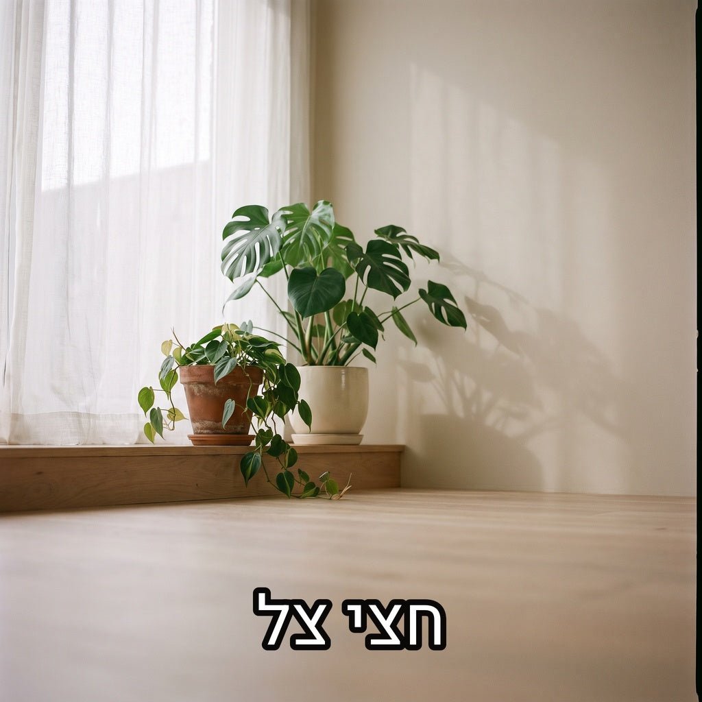מונסטרה ופילודנדרון בעציצים ליד חלון עם וילון לבן שקוף ואור מסונן, עם הכיתוב חצי צל