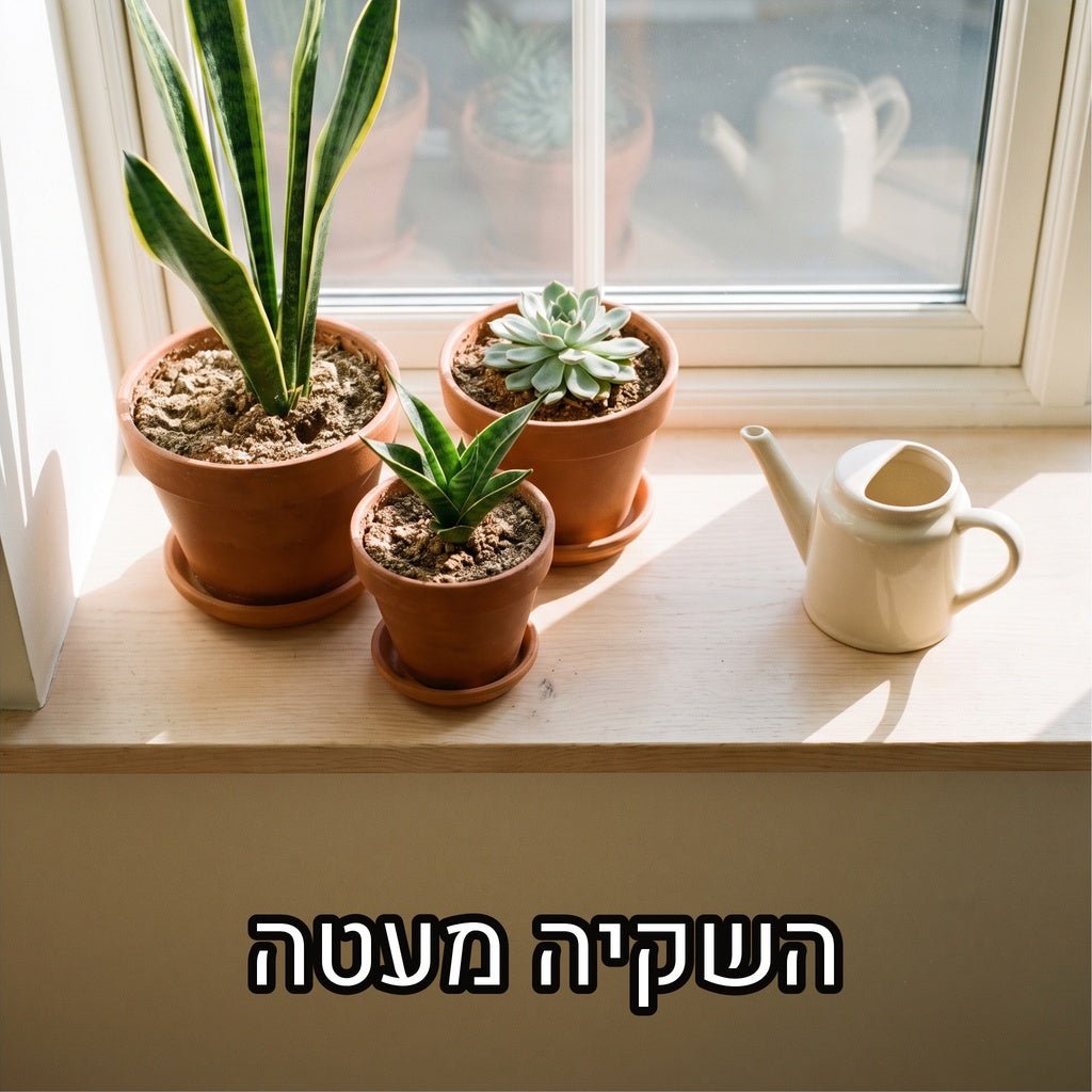 סנסיווריה וסוקולנטים בעציצי טרקוטה על אדן חלון מואר עם אדמה יבשה ומזלף עומד בצד, עם הכיתוב השקיה מעטה