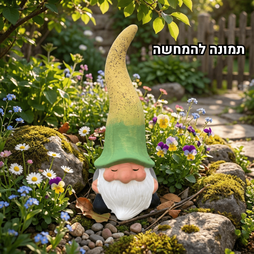 Gnome figurine with a green hat in a garden setting with flowers and rocks.