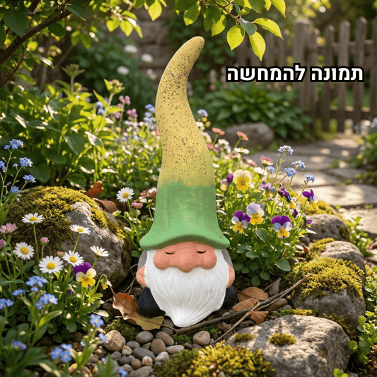 Gnome figurine with a green hat in a garden setting with flowers and rocks.