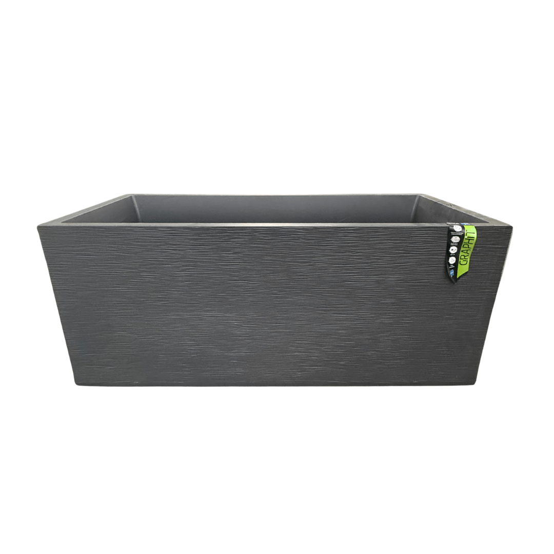 Rectangular gray planter with a brand tag on a white background