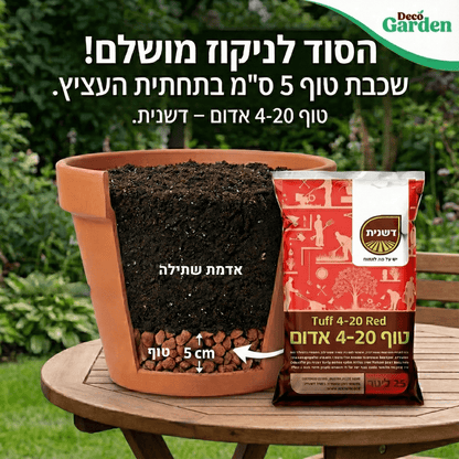 תמונת קריאטיב של טוף אדום ודוגמא איך שמים אותו בעציץ