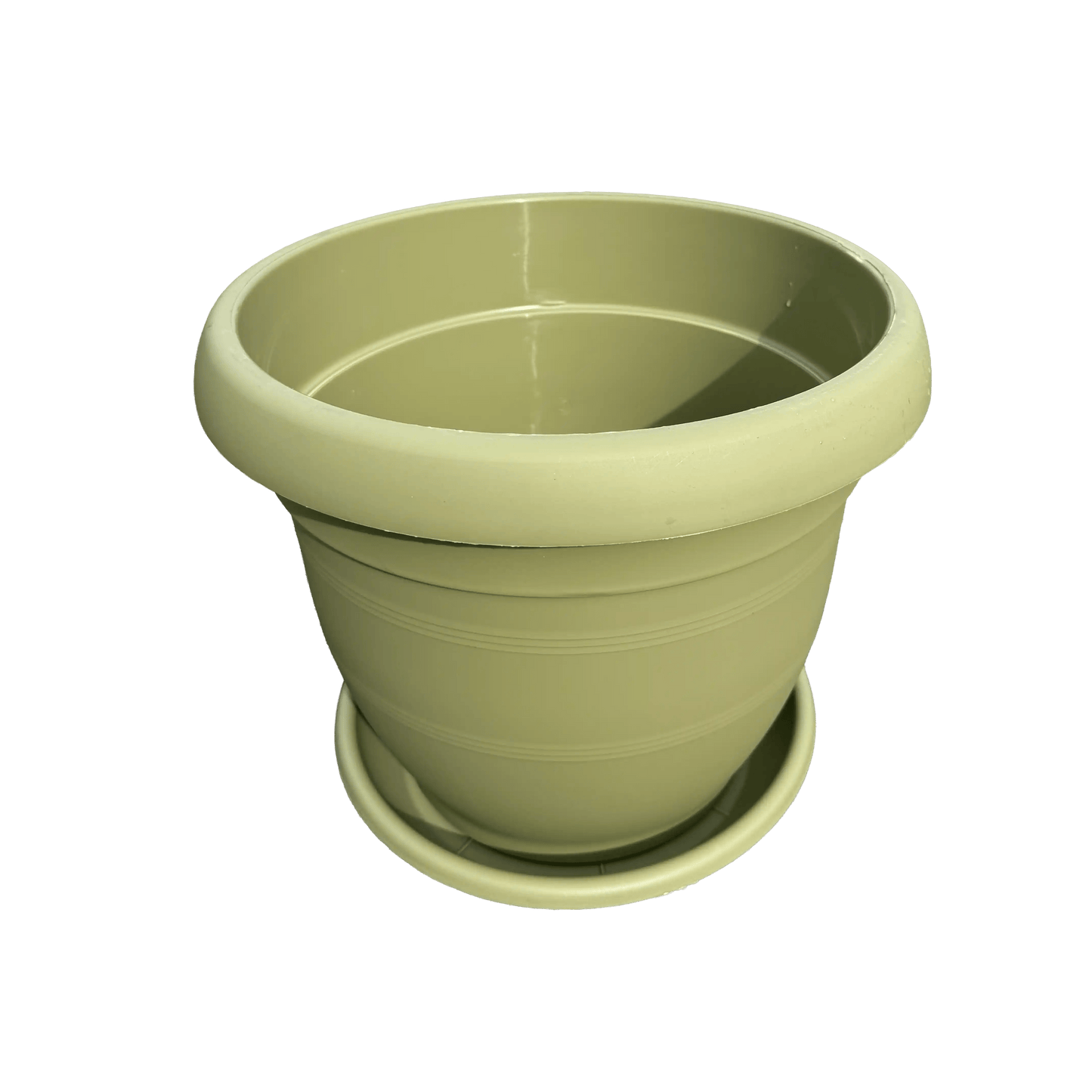 Green planter with saucer on a white background