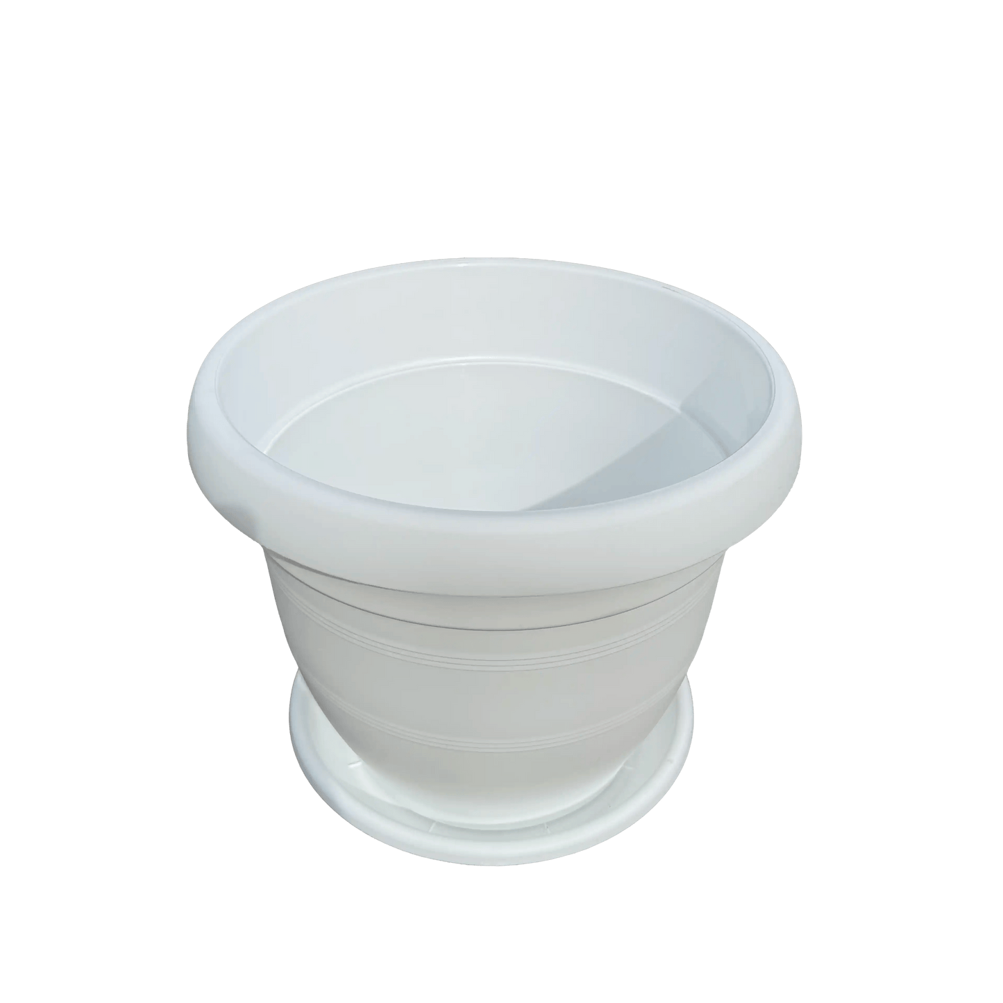 White plastic planter pot with saucer on a white background