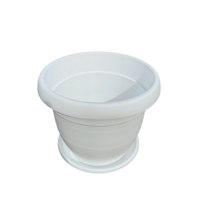 White plastic planter pot with saucer on a white background