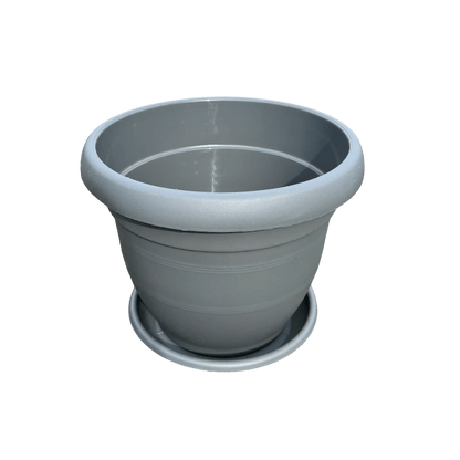 Gray pot with saucer on a white background
