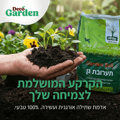 Hand holding garden soil with plants, Deco Garden product in the background