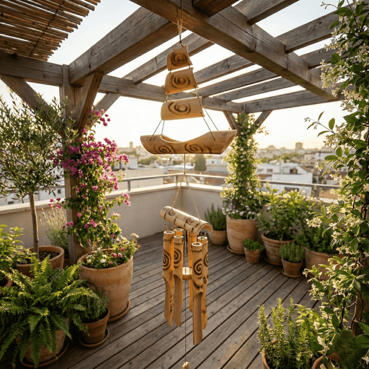 פעמוני רוח מבמבוק עם ציורים עליהם תלויים על פרגולה במרפסת בגג עם הרבה צמחים