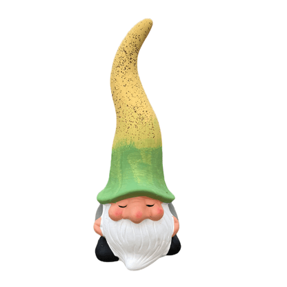 Gnome figurine with a green and yellow hat on a white background