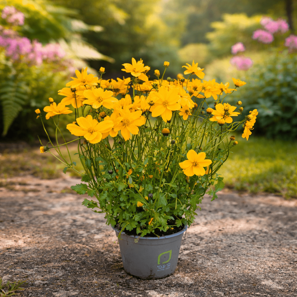 Potted plant with yellow flowers in a garden setting