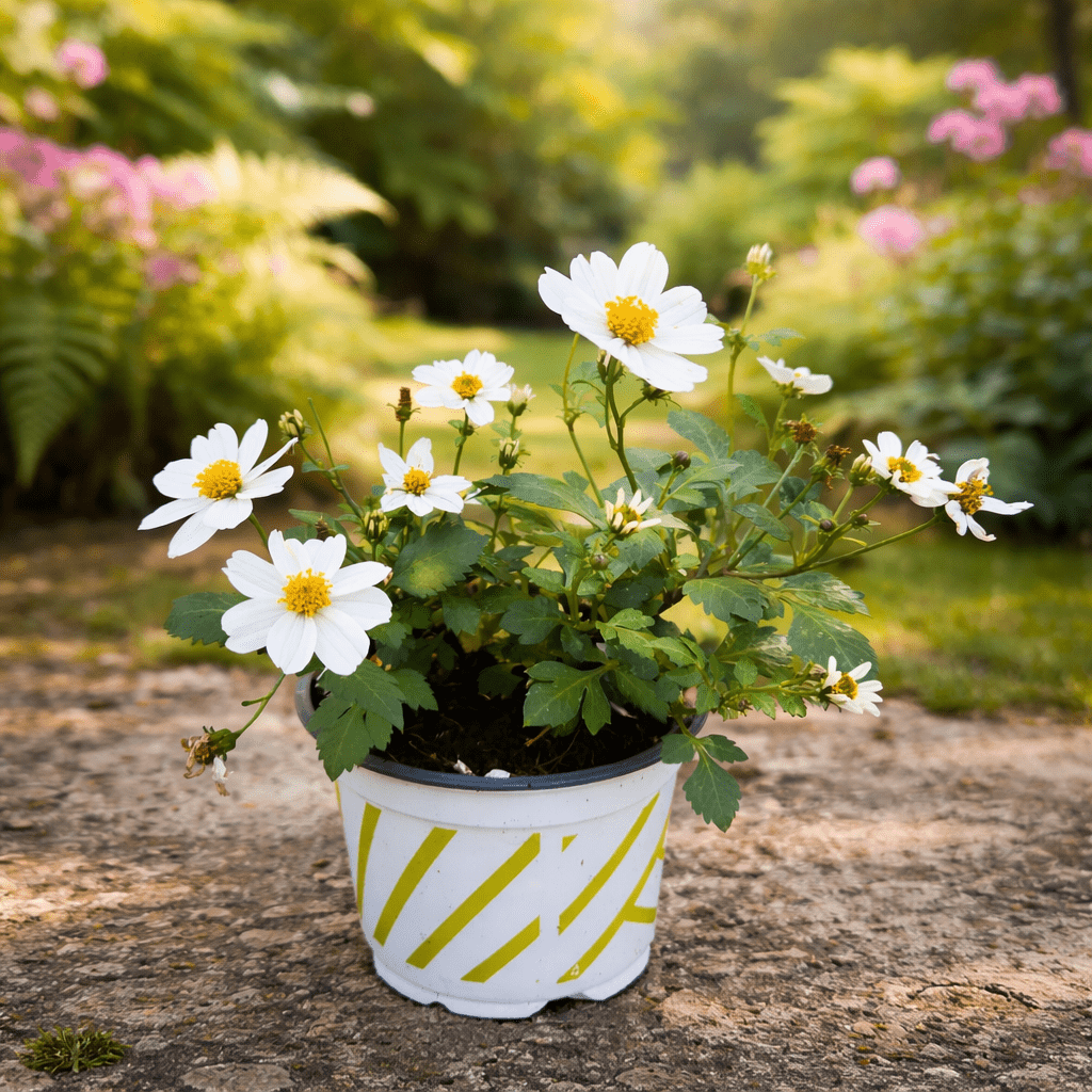 Potted plant with white flowers on a stone surface