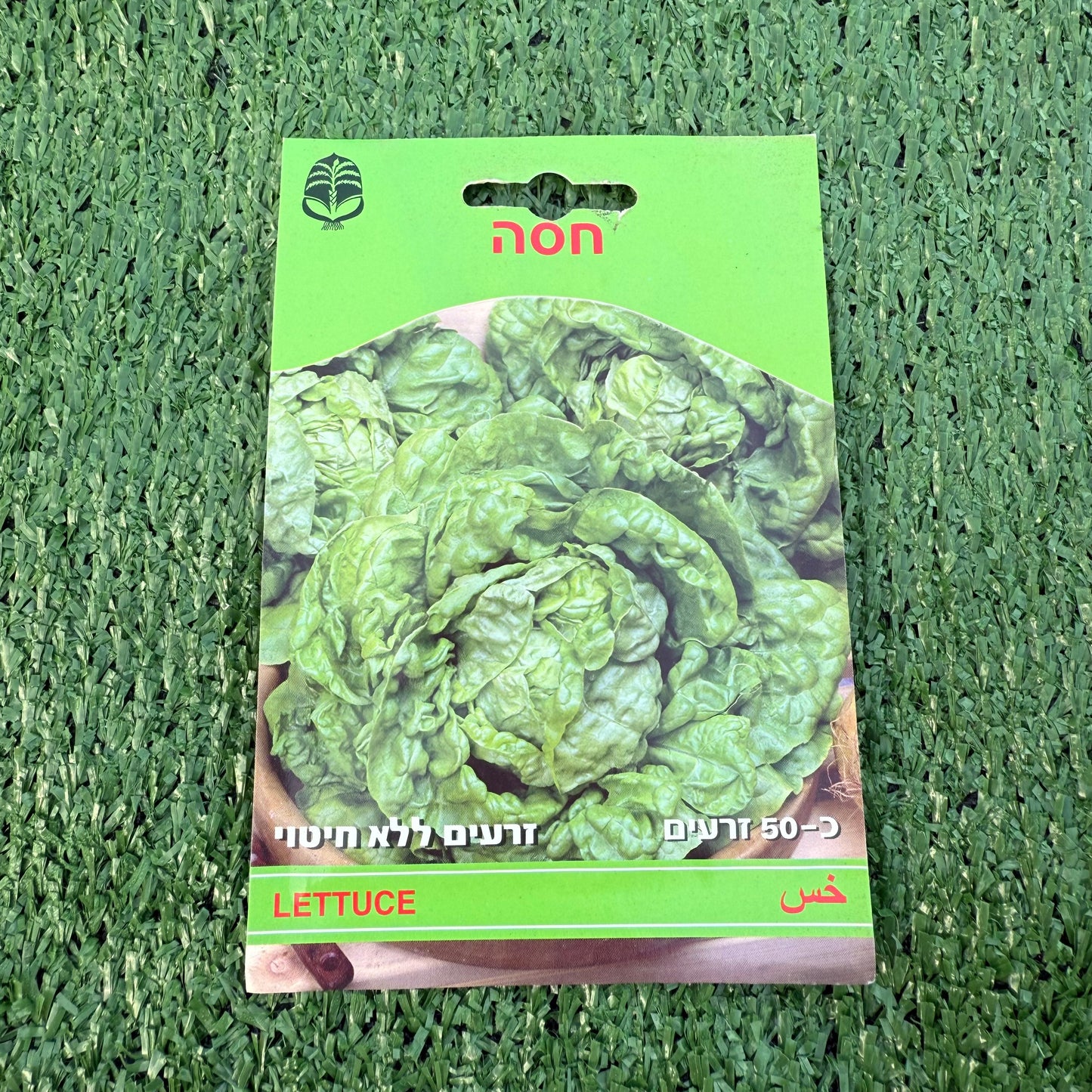 Green lettuce seed packet on a green textured background