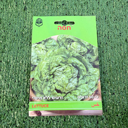 Green lettuce seed packet on a green textured background