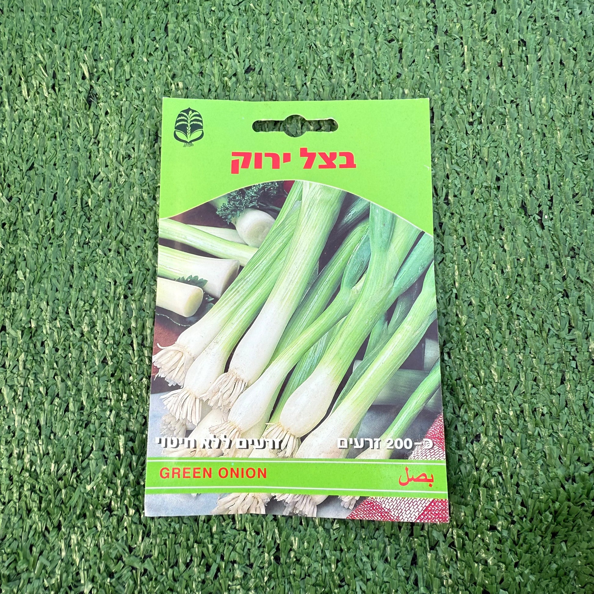 Green onion seed packet on a green textured background