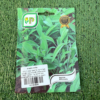 חפיסה של זרעים של מרווה רפואית ברקע של דשא סינטטי ירוק