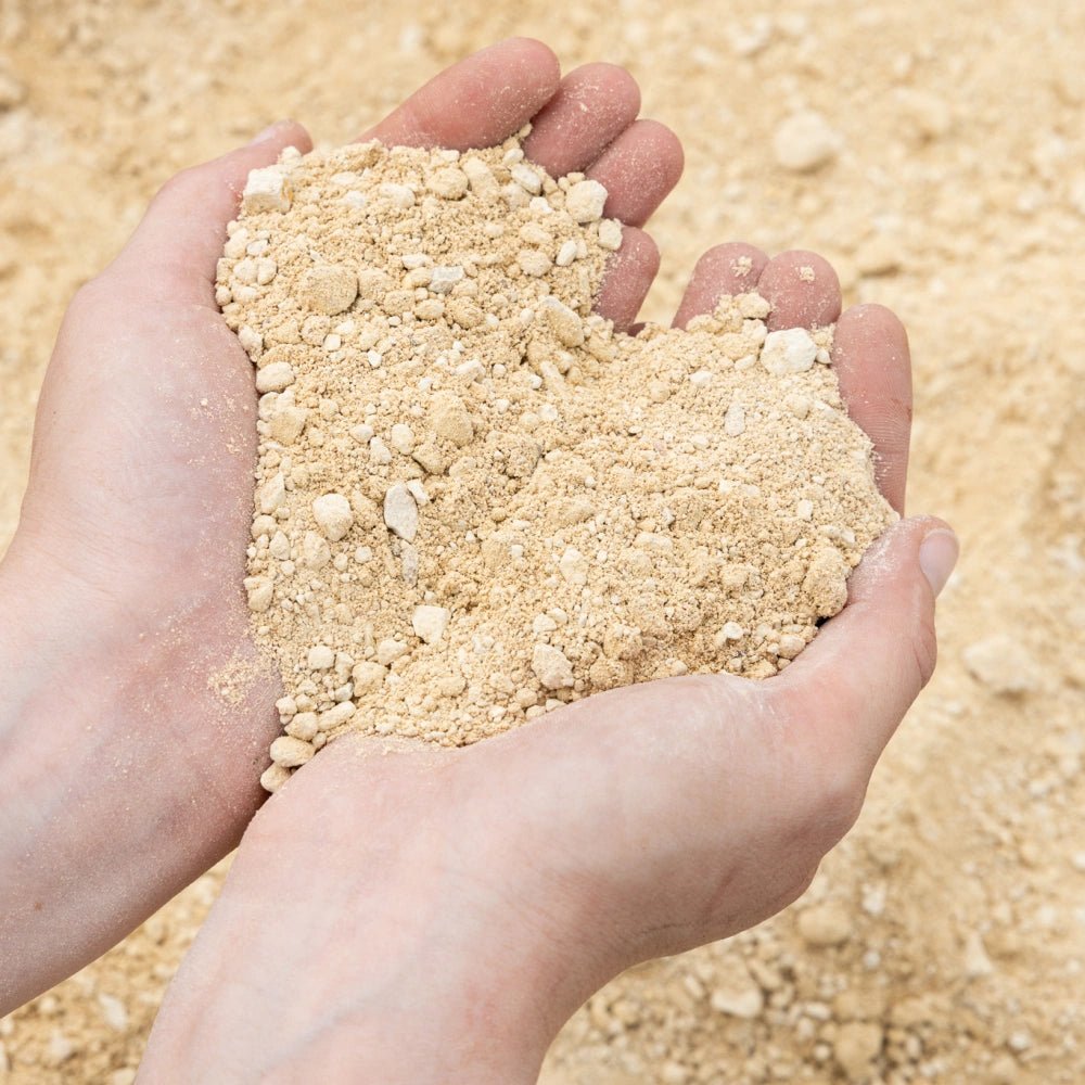 ידיים מחזיקות סקופ של מצע לדשא סינטטי ברקע של חצץ וסומסום