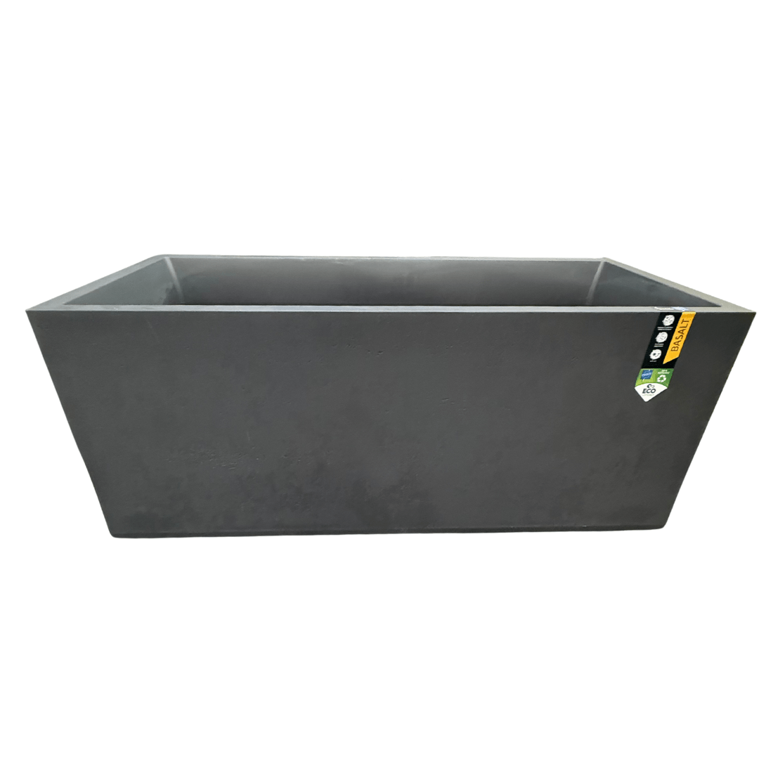 Black rectangular planter with a visible brand logo on a white background