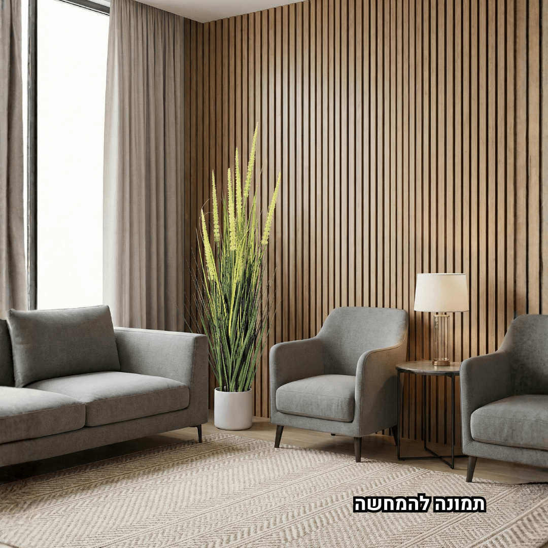 artifical plant in a white pot in a modern office setting with gray furniture and large windows.